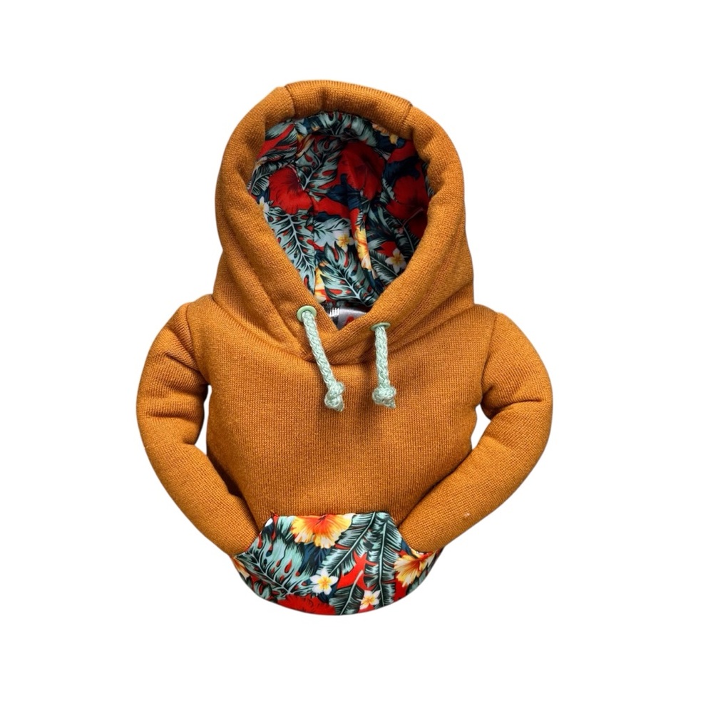 Puffin Drinkwear Tropical Hawaiian Brown/Floral Hoodie Beer Koozie with Handles